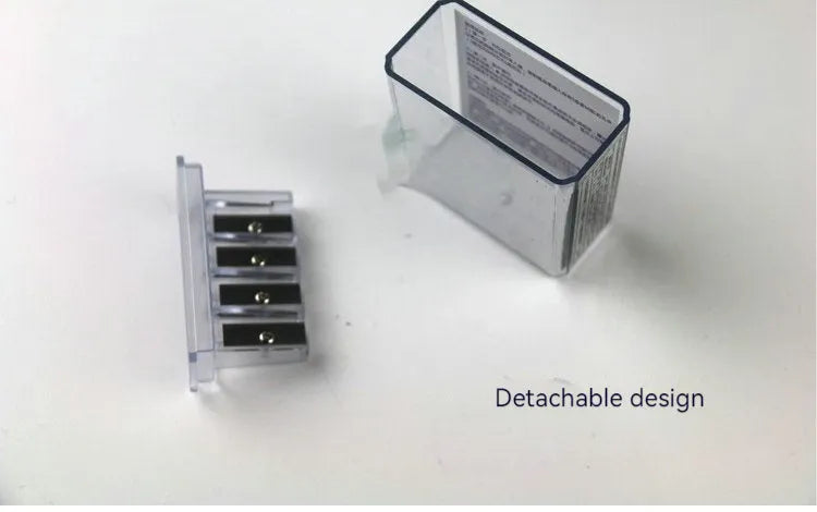 Four holes pencil sharpener with geometric plastic design and integrated screwdriver tool