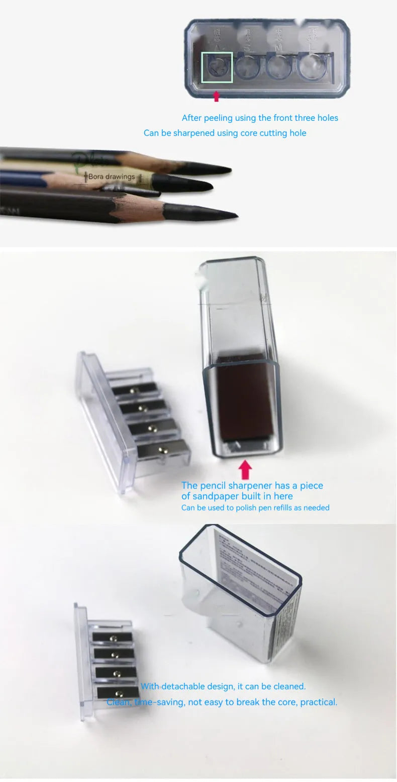 Four holes pencil sharpener with geometric plastic design and integrated screwdriver tool