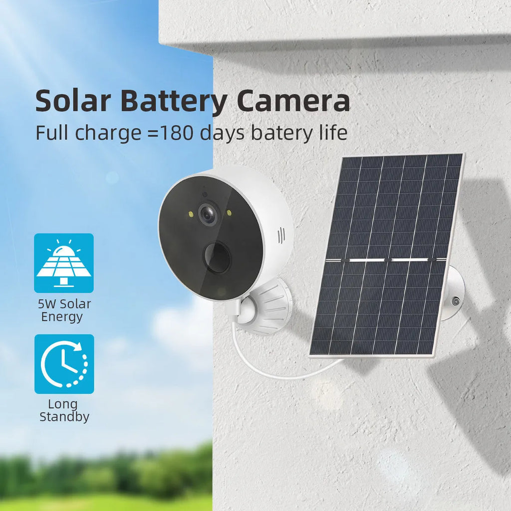 Outdoor solar-powered security camera with 1080P resolution and included solar panel for battery charging
