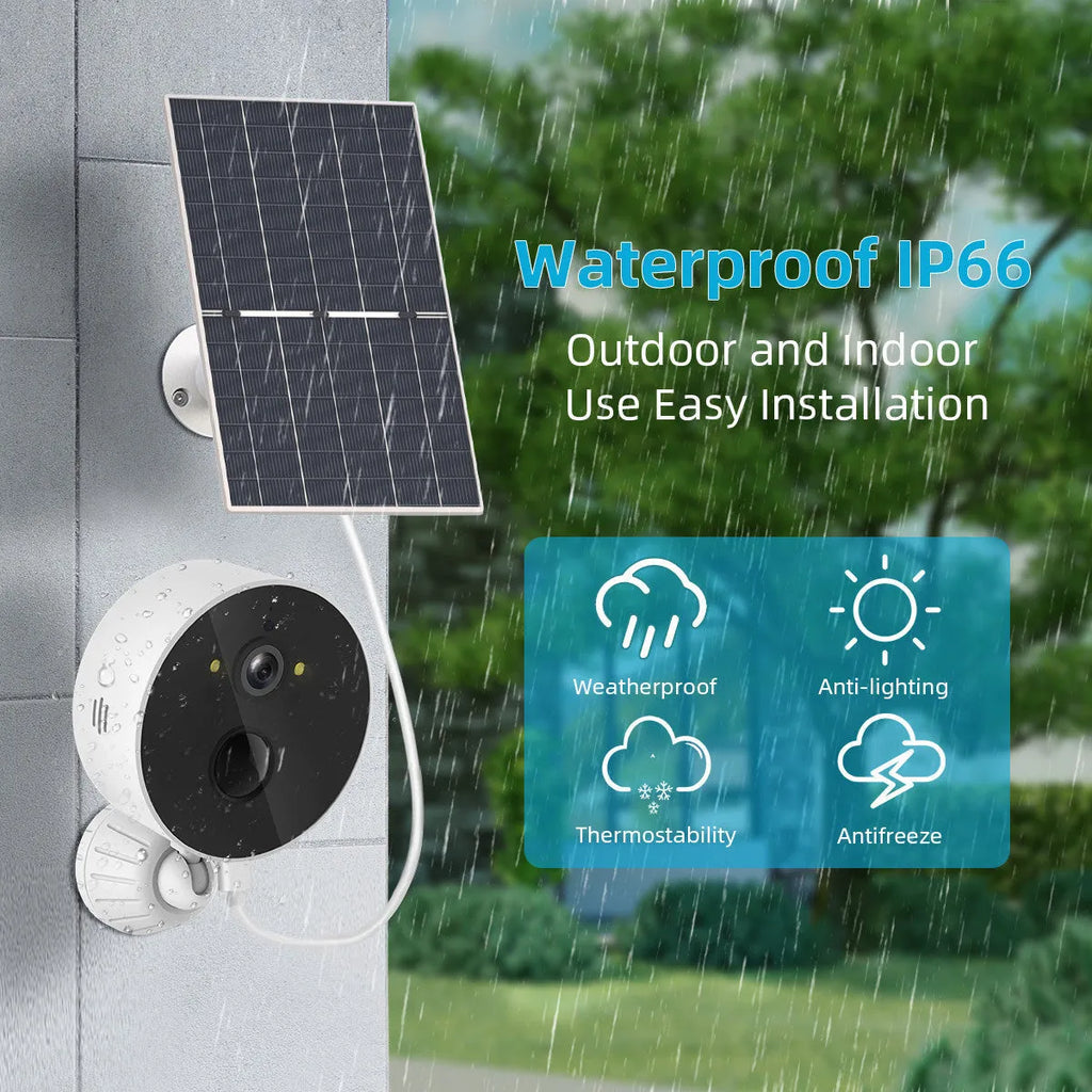 Outdoor solar-powered security camera with 1080P resolution and included solar panel for battery charging