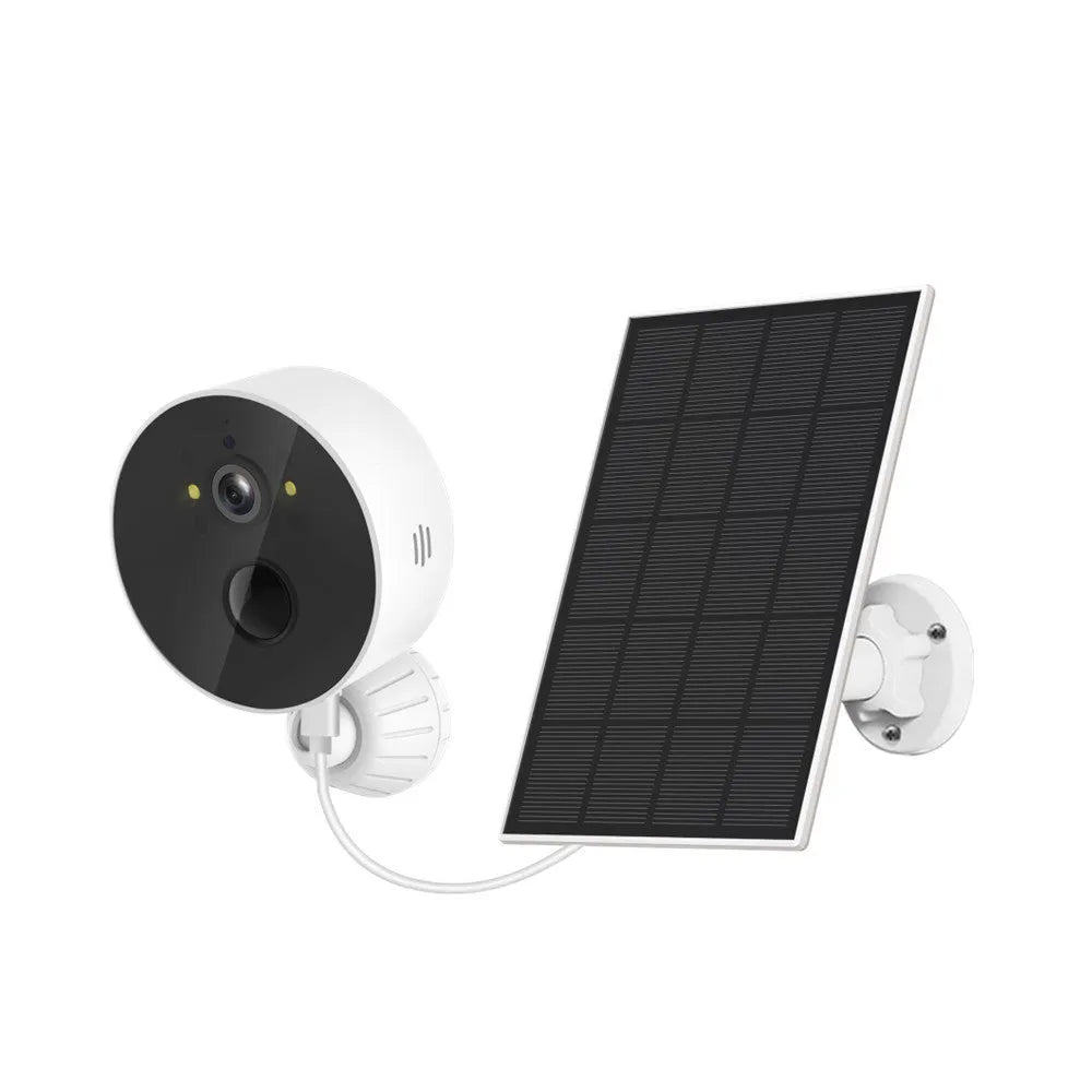 Outdoor solar-powered security camera with 1080P resolution and included solar panel for battery charging