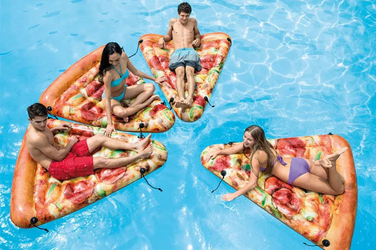 Inflatable pizza-themed surfboard lounger floating on water.