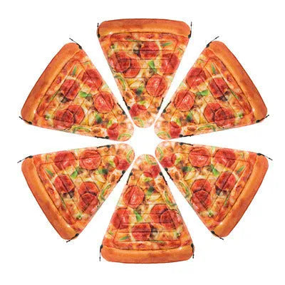 Inflatable pizza-themed surfboard lounger floating on water.