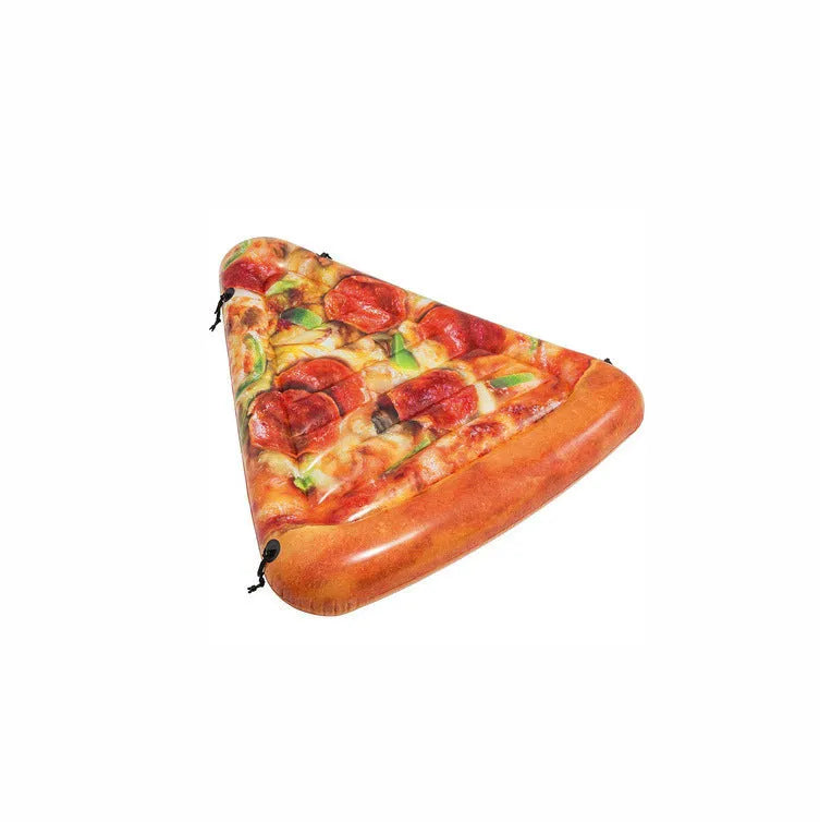 Inflatable pizza-themed surfboard lounger floating on water.