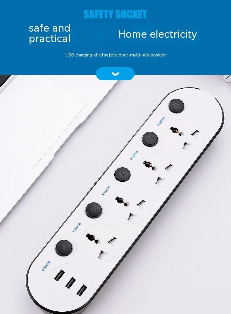 International power strip with UK, EU and US plugs, four sockets and USB charging ports