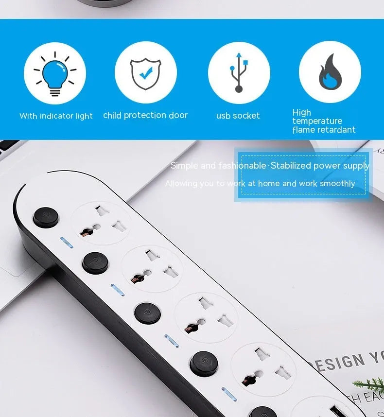 International power strip with UK, EU and US plugs, four sockets and USB charging ports