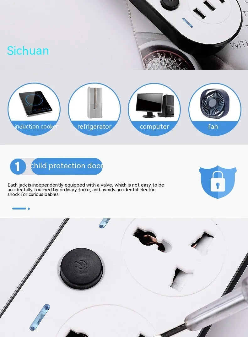 International power strip with UK, EU and US plugs, four sockets and USB charging ports