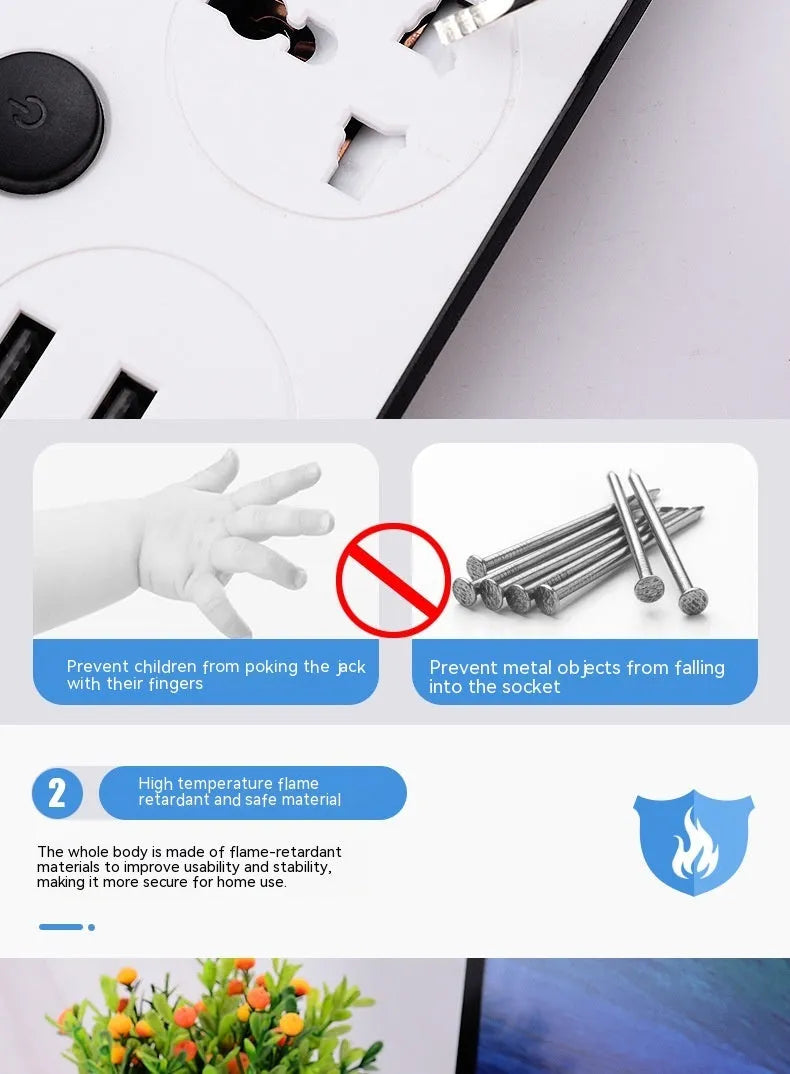 International power strip with UK, EU and US plugs, four sockets and USB charging ports