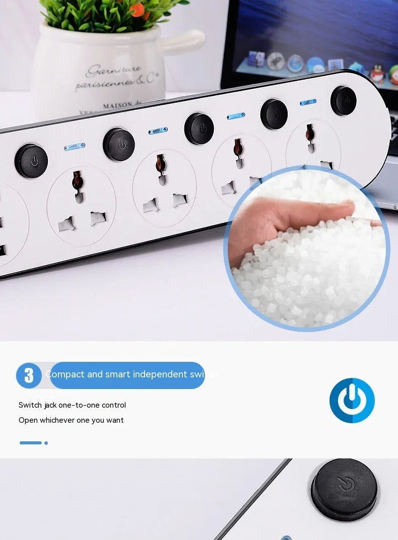 International power strip with UK, EU and US plugs, four sockets and USB charging ports
