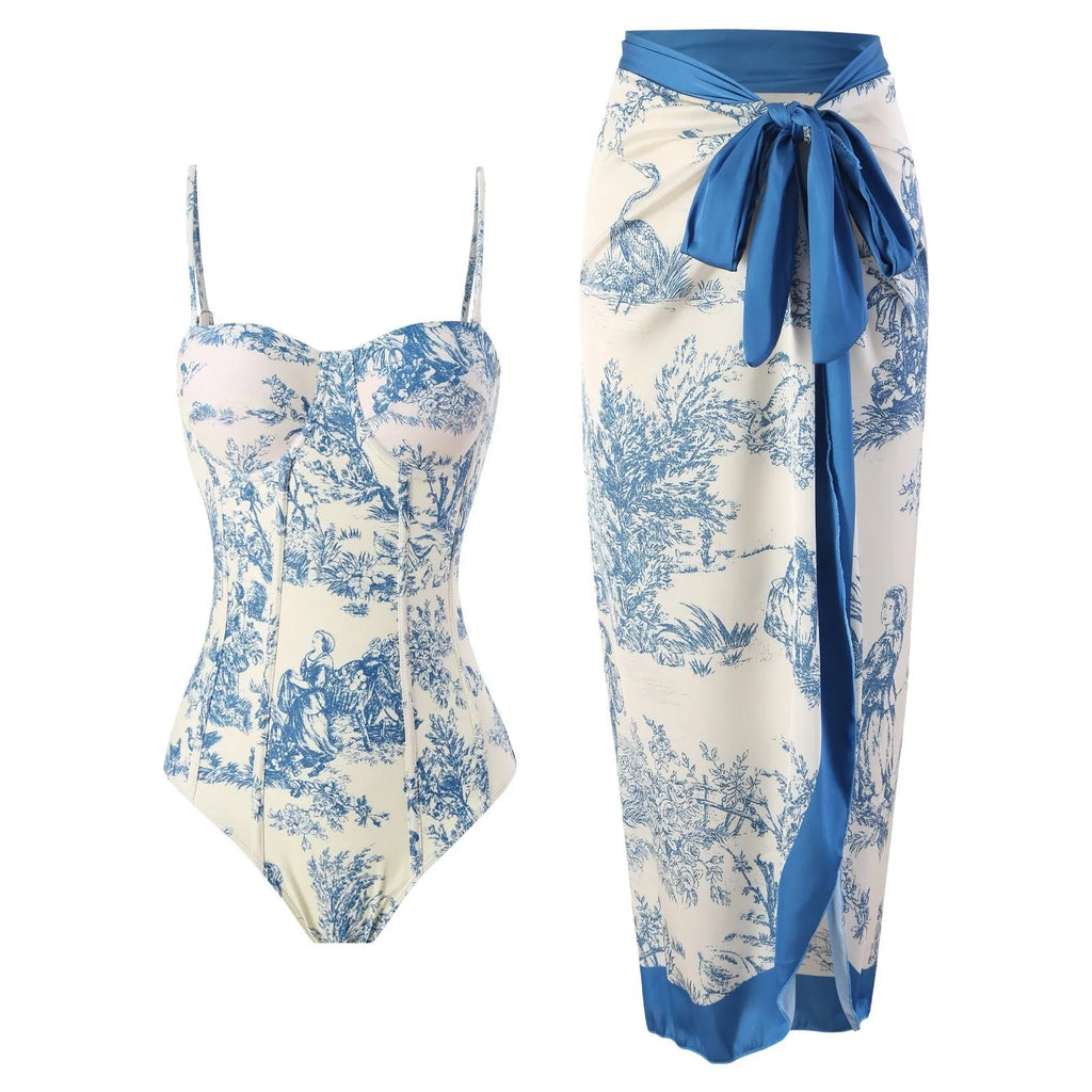 Blue women's one-piece polyester swimsuit with skirt option and S M L XL sizing