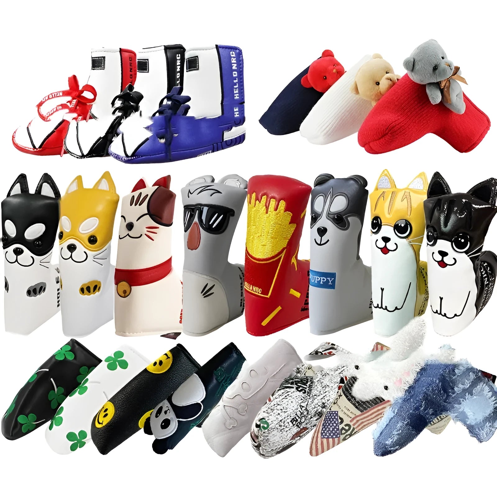 Golf putter sleeve in a themed design with PU waterproof fabric exterior and fleece lining.