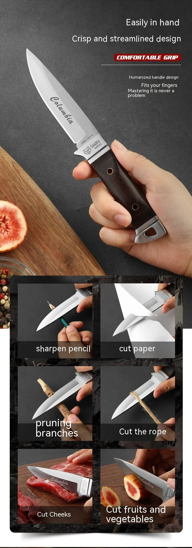 National style stainless steel camping fruit knife with leather protective case