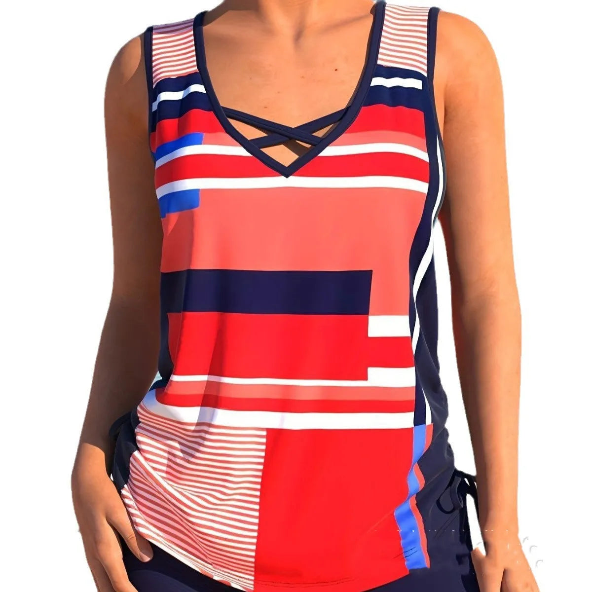 Women's printed split boxer swimsuit set with separate top and shorts in polyester fabric