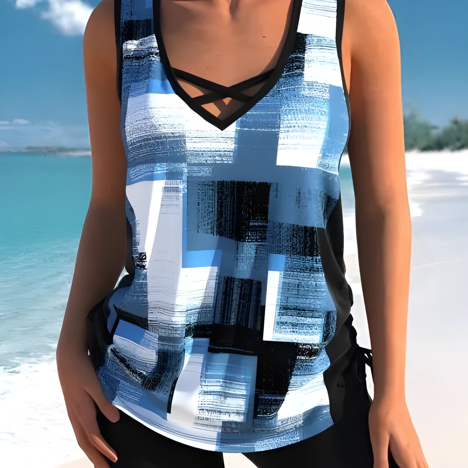 Women's printed split boxer swimsuit set with separate top and shorts in polyester fabric