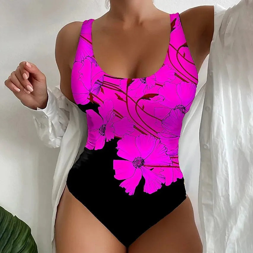 Women's one-piece swimsuit with a 3D printed pattern in orange red, made from polyester and spandex.