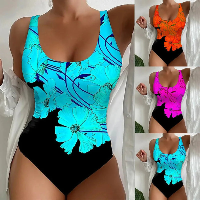 Women's one-piece swimsuit with a 3D printed pattern in orange red, made from polyester and spandex.