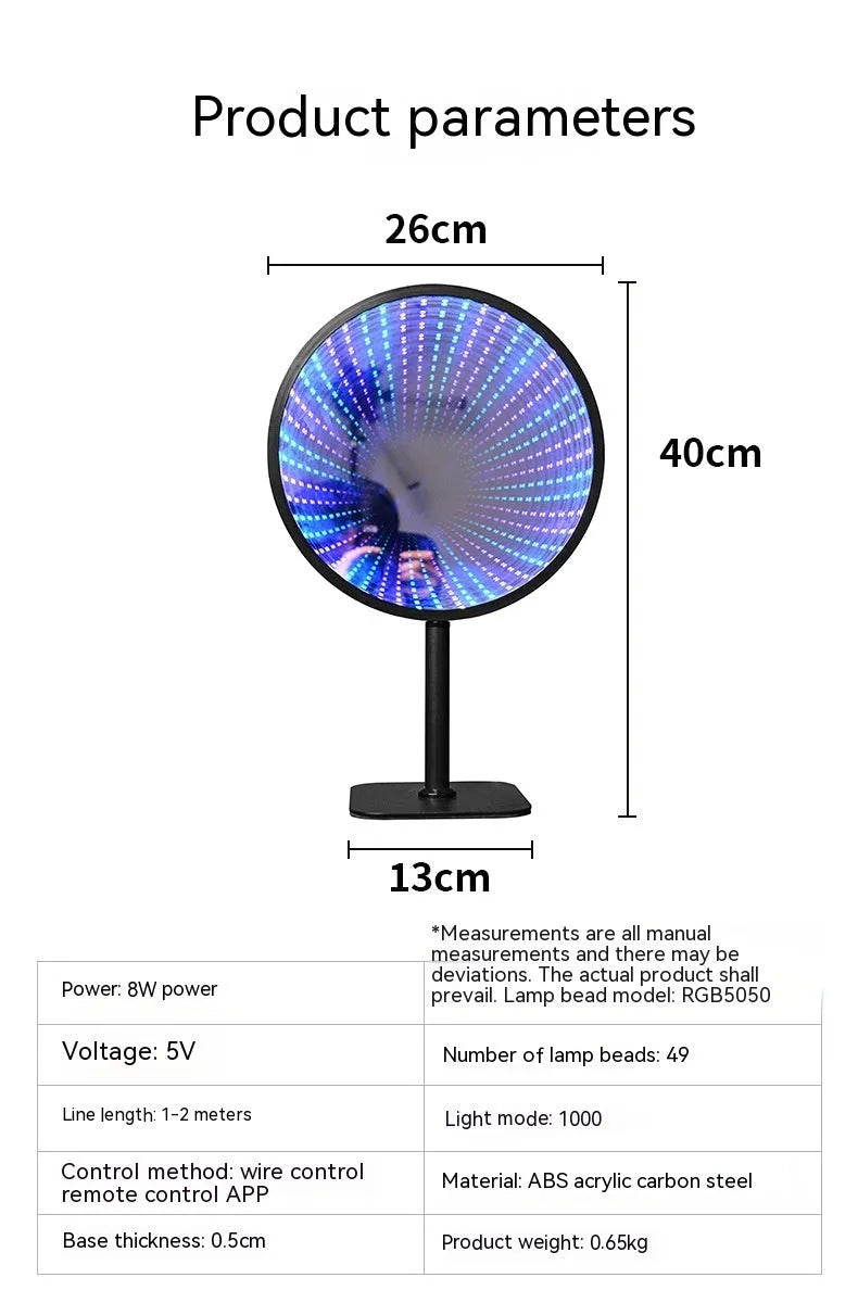 Creative Tunnel Multi-layer LED Mirror Ambience Light with remote control on a wooden table