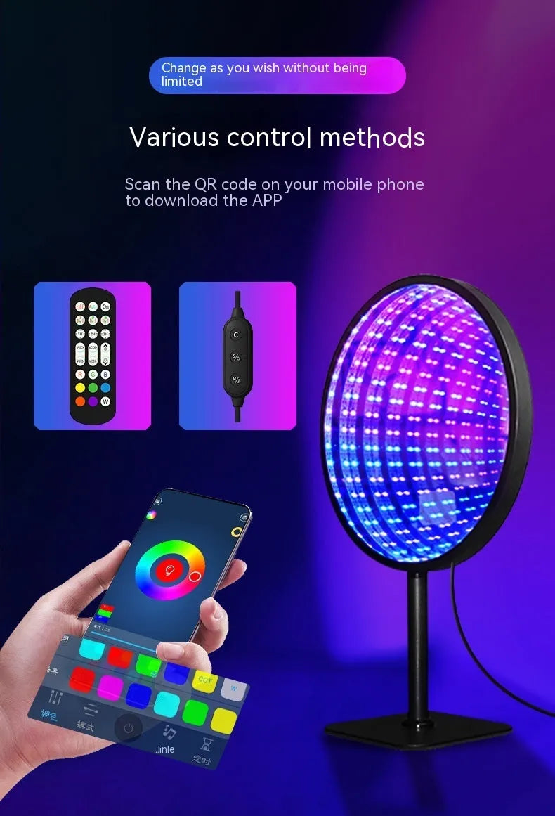 Creative Tunnel Multi-layer LED Mirror Ambience Light with remote control on a wooden table