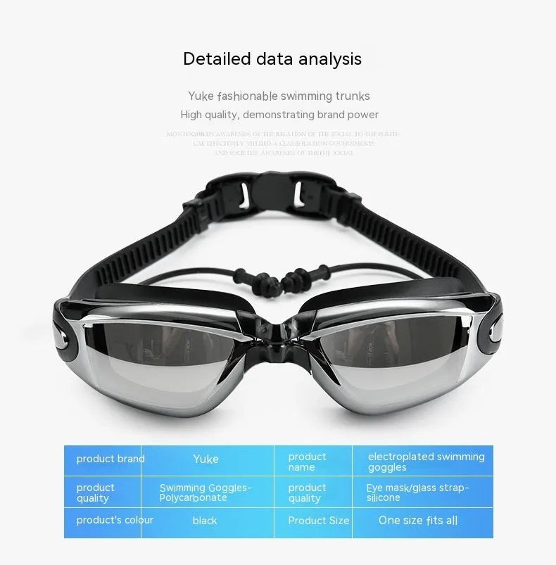Men's black swimming set including briefs, anti-fog goggles, waterproof cap, ear plug nose clip, and carrying bag