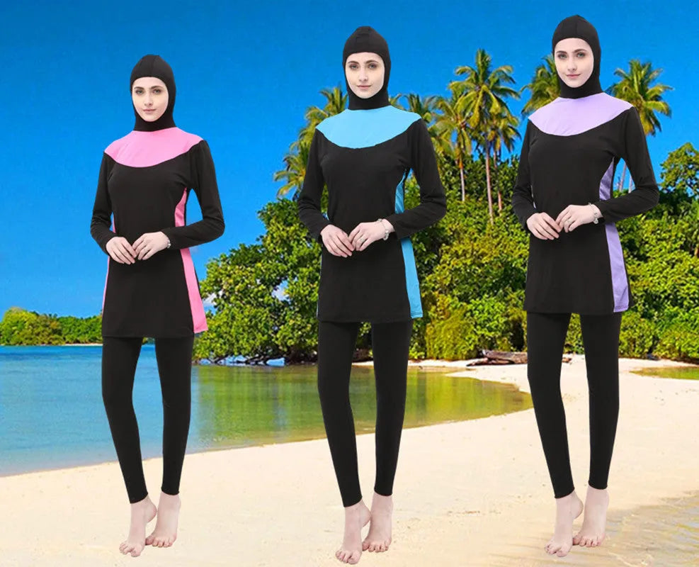 Women's black hooded long sleeve swimsuit with rose red accents, shown as separate top and pants