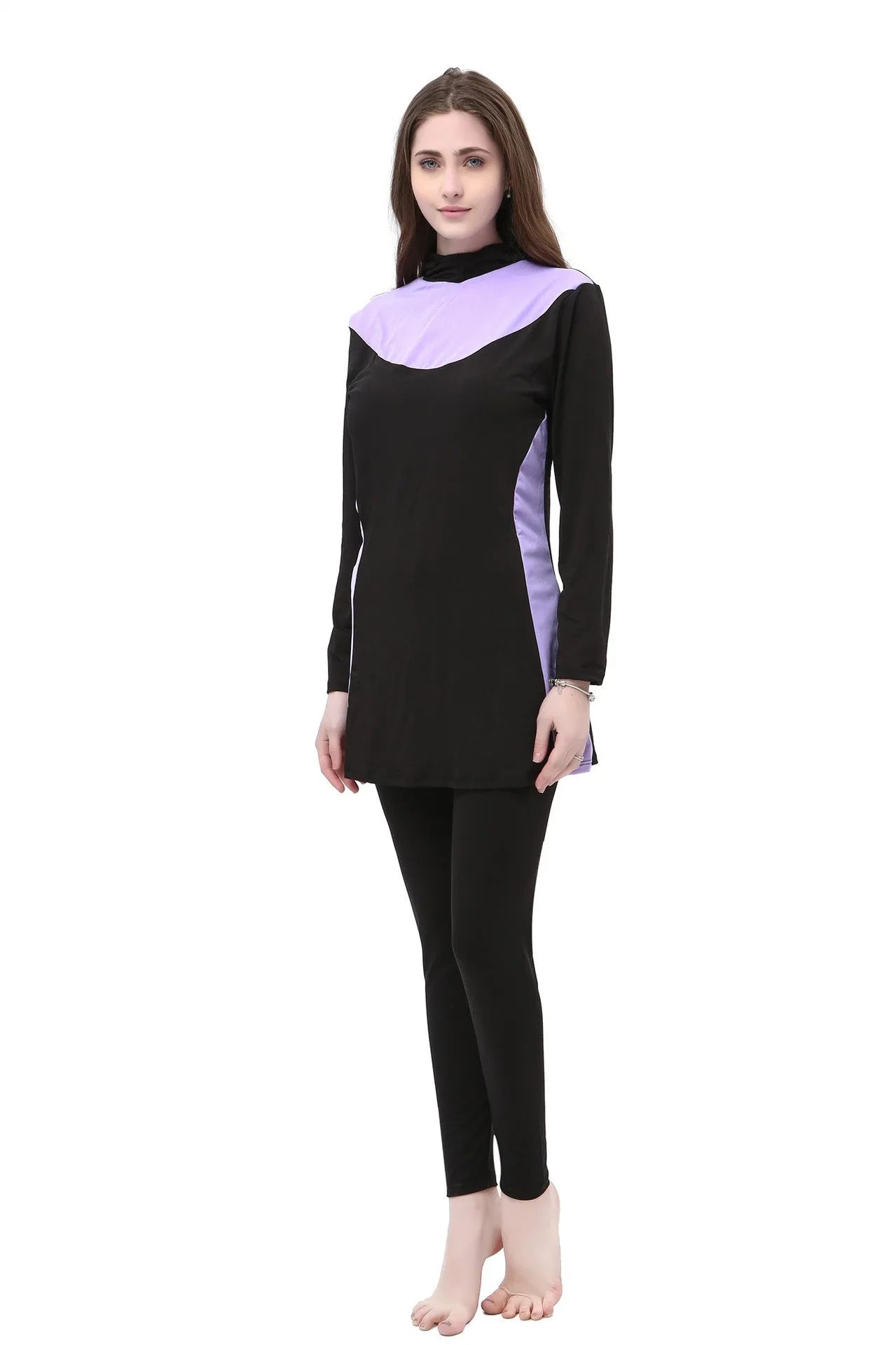 Women's black hooded long sleeve swimsuit with rose red accents, shown as separate top and pants