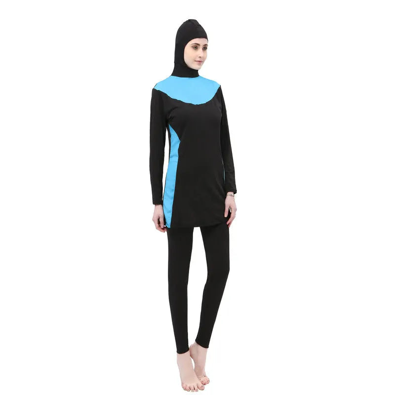 Women's black hooded long sleeve swimsuit with rose red accents, shown as separate top and pants
