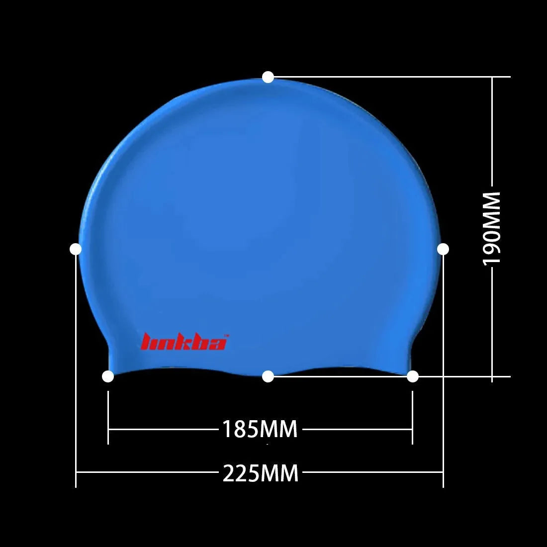 Silicone swimming cap with earmuff design and printed letters, shown in one of five colours: black, white, yellow, blue, or grey.