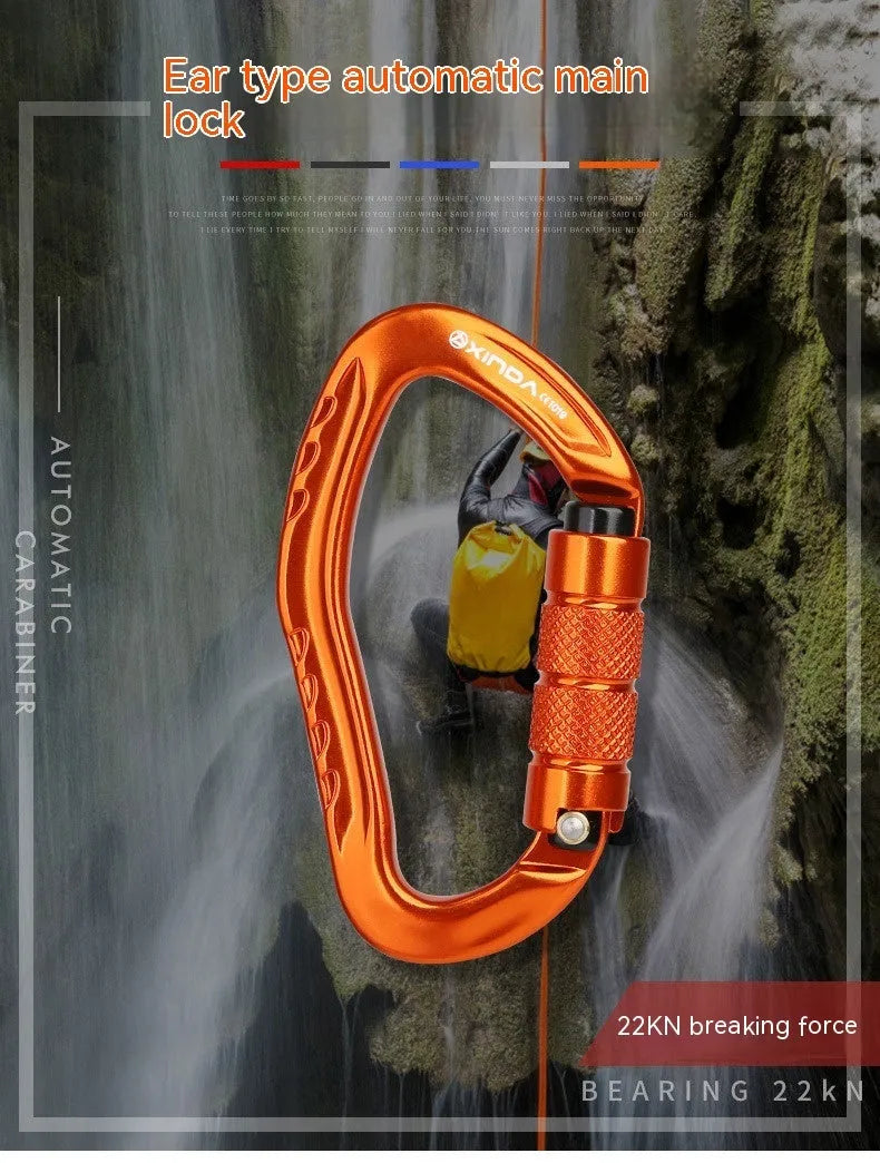 Automatic locking climbing carabiner hook in a selection of colours including black, blue, orange, red, and silver.