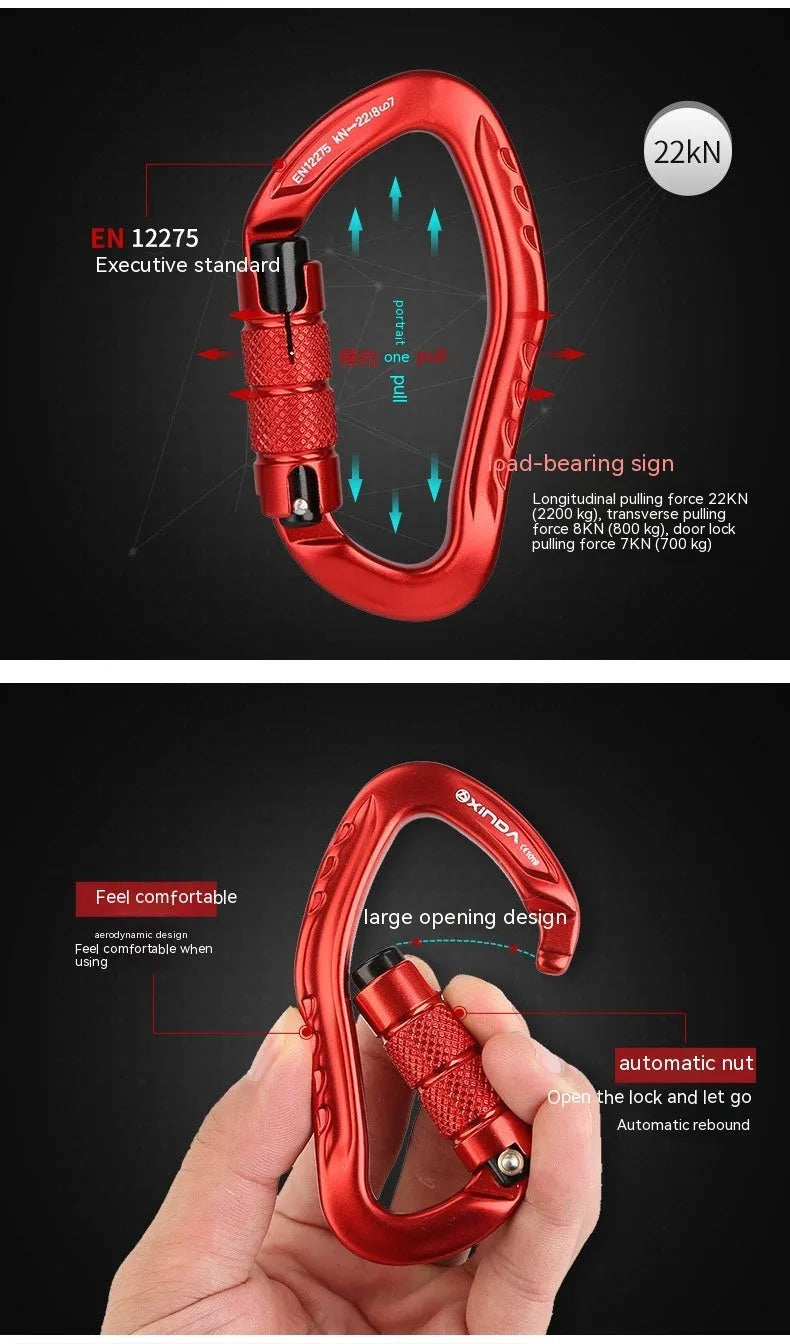 Automatic locking climbing carabiner hook in a selection of colours including black, blue, orange, red, and silver.