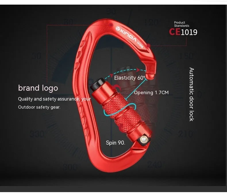 Automatic locking climbing carabiner hook in a selection of colours including black, blue, orange, red, and silver.