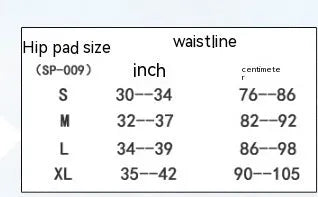 Black cycling hip protection pants showing integrated padding, available in sizes S, M, L, XL.