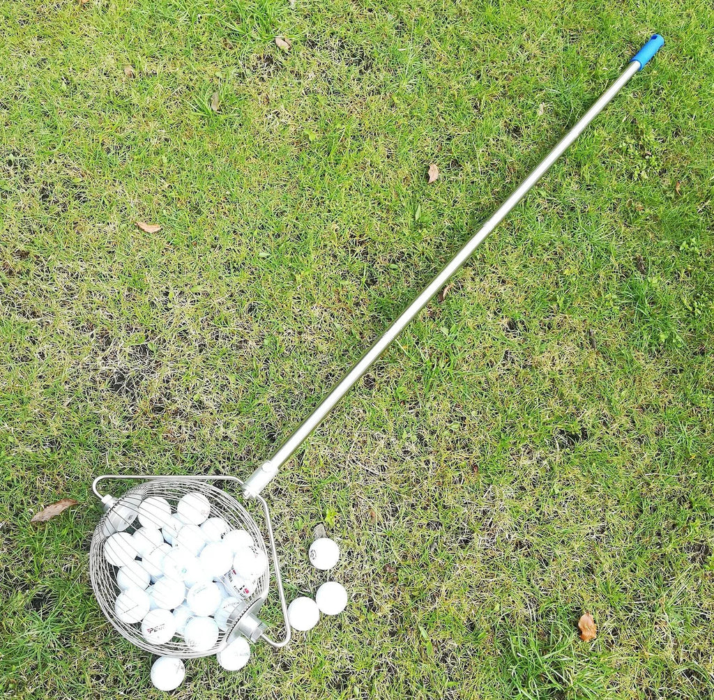 Metallic coloured 304 stainless steel golf ball picker retriever on a green.