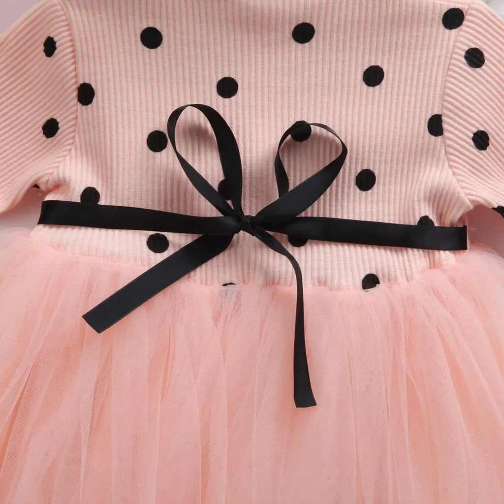 Baby girl in a long sleeve black tutu lace dress for a birthday party or christening