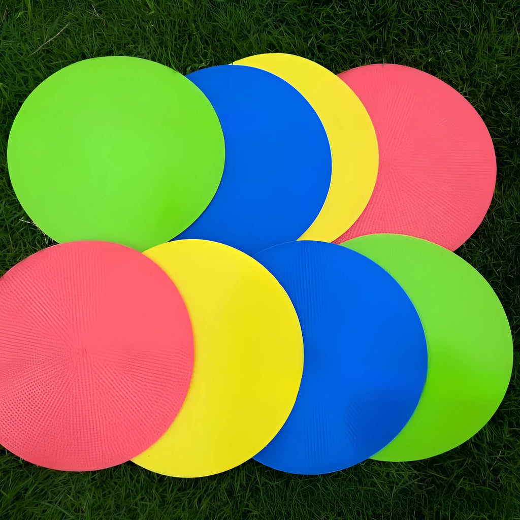 Flat circular football training marker disc in bright colours measuring 23cm diameter
