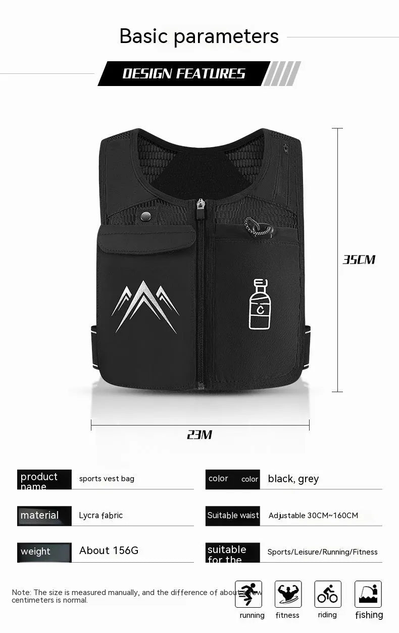 Breathable mesh sports running vest with a front mobile phone pocket, shown in classic black colour.