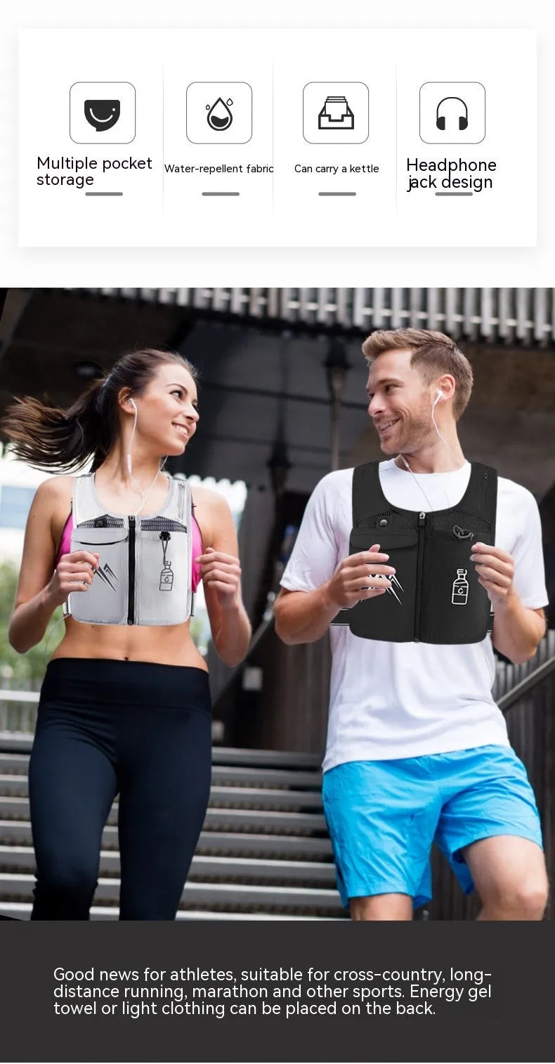 Breathable mesh sports running vest with a front mobile phone pocket, shown in classic black colour.
