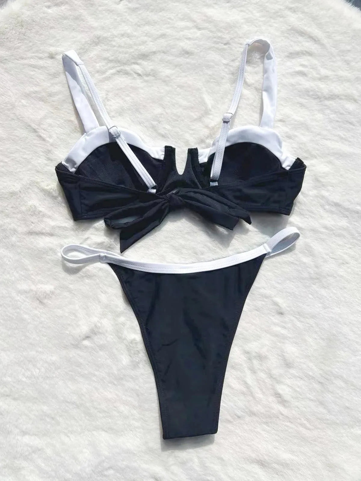 Black low waist bikini women's swimsuit with split stitching detail, brief style swimwear