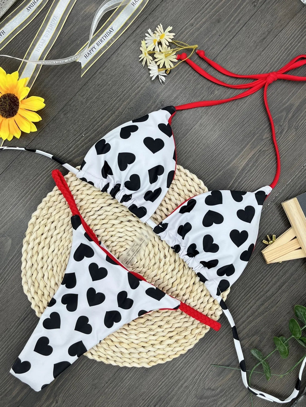 Heart print backless swimsuit with high-cut split briefs in nylon fabric with cotton lining