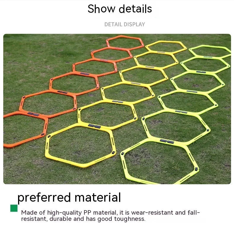 Set of six foldable yellow hexagon plastic agility training rings for sports drills.
