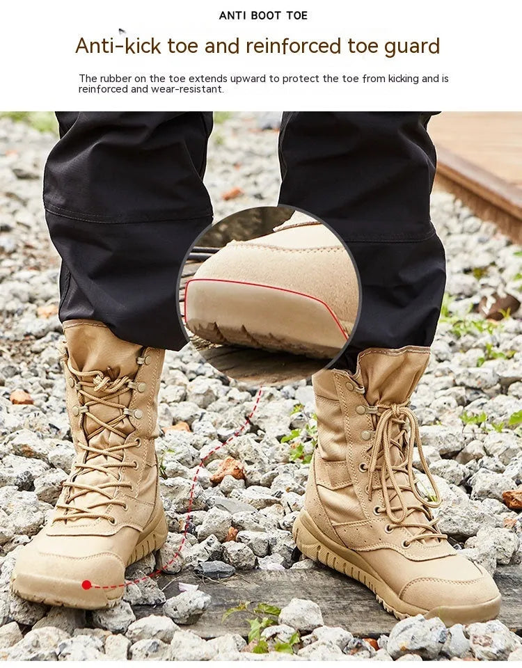 Yulong tactical desert combat boots in black and sand colour for outdoor activities.