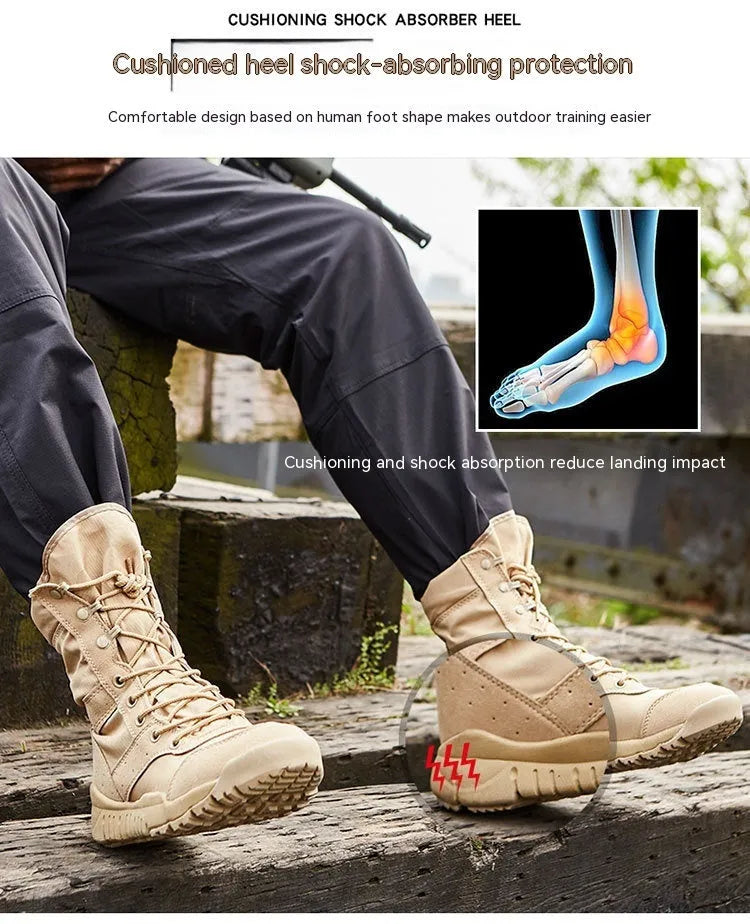 Yulong tactical desert combat boots in black and sand colour for outdoor activities.