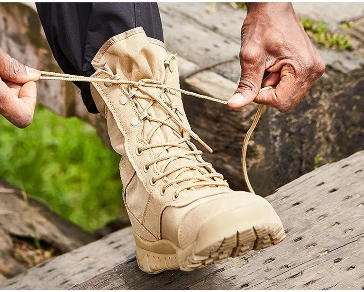 Yulong tactical desert combat boots in black and sand colour for outdoor activities.