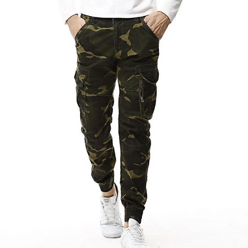 Men's outdoor camouflage polyester mid waist trousers in light army camouflage colour, size 32