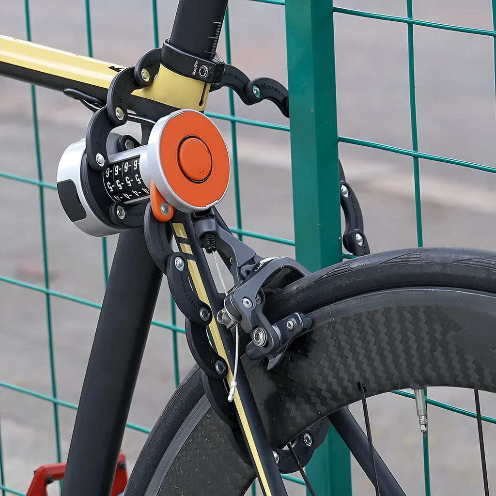 Portable bicycle folding lock in black orange colour with zinc alloy construction for bike security