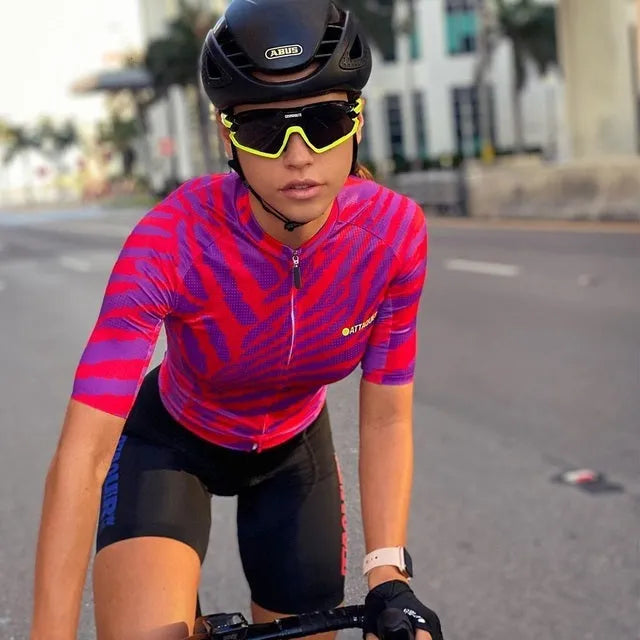 Attaquer women's Kaleidoscope cycling jersey and bib shorts set in high-visibility pattern