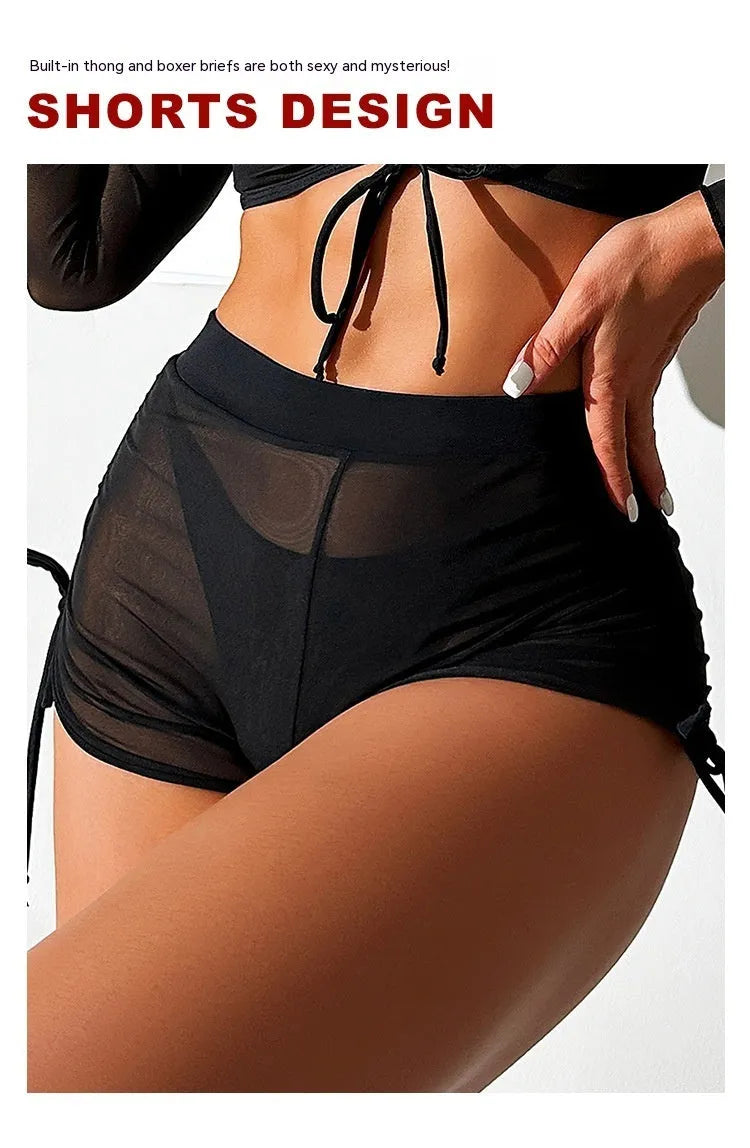 Black mesh women's four-piece bikini swimwear set with long sleeves