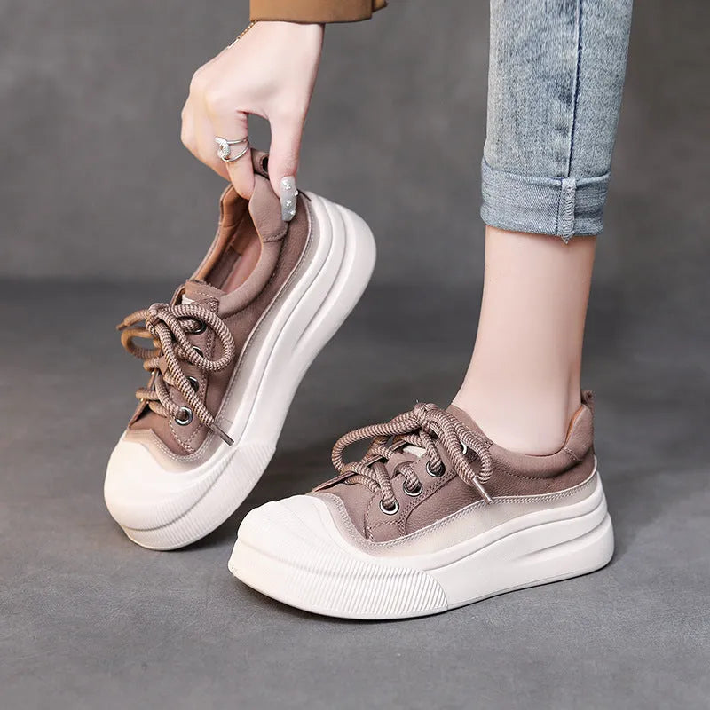 Women's yellow and cameo brown cow leather lace-up casual shoes with round toe and rubber soles