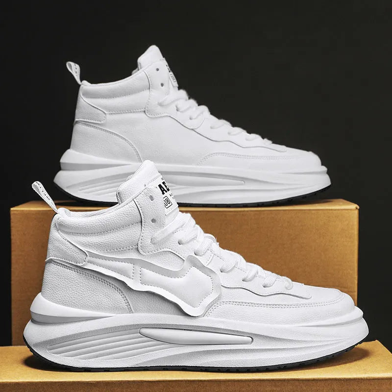 Men's black and white artificial PU leather platform high-top board shoes with round toe design