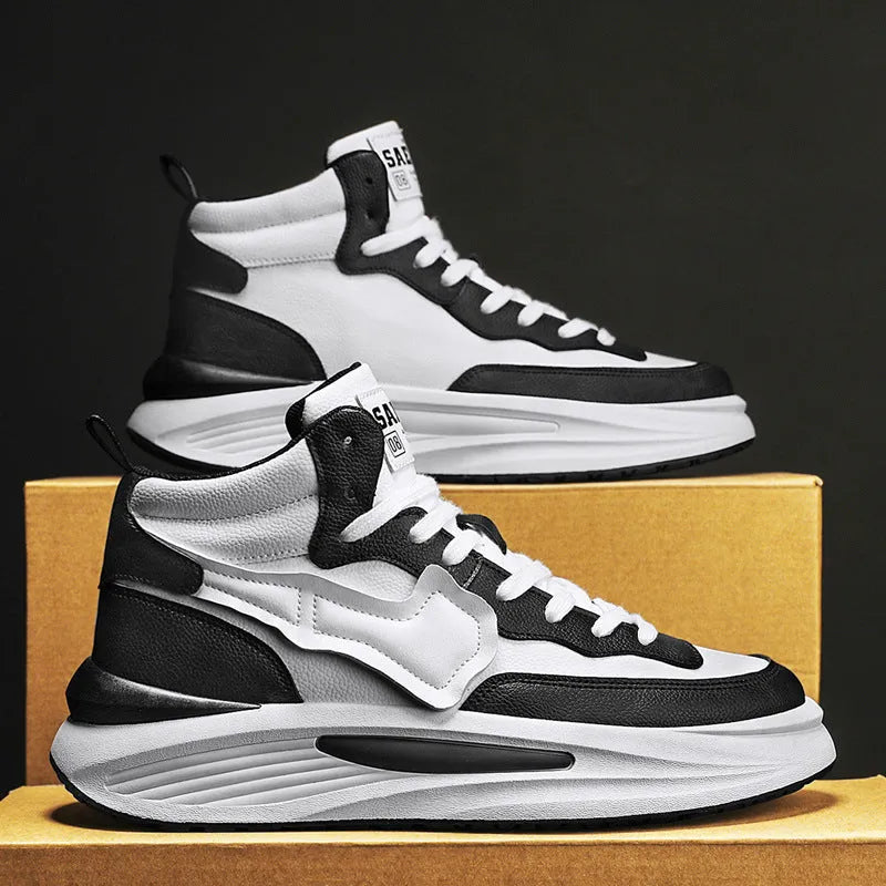 Men's black and white artificial PU leather platform high-top board shoes with round toe design