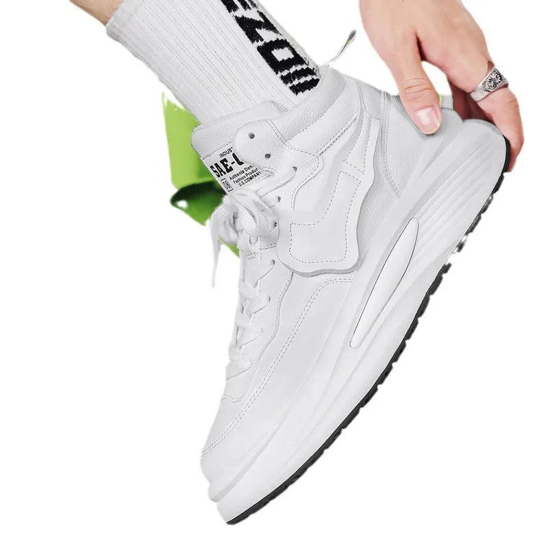 Men's black and white artificial PU leather platform high-top board shoes with round toe design